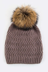 Raccoon Fur PomPom Chevron Knit Beanie Simmer & Fay Brown 1